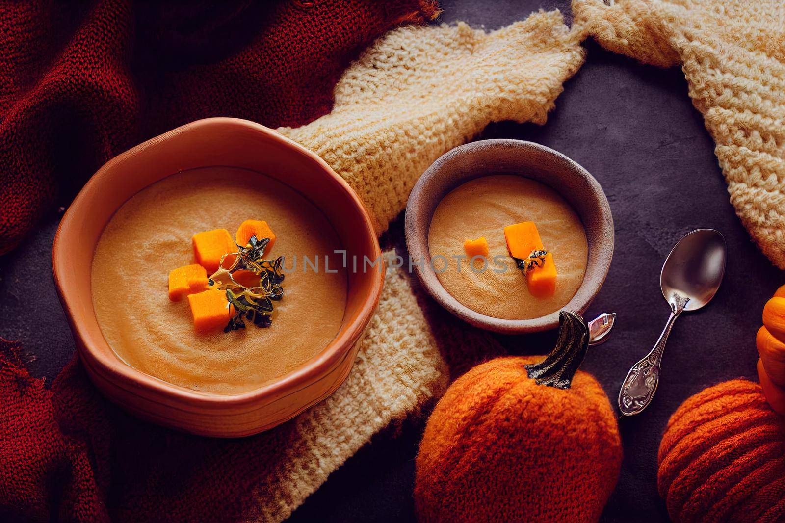 Female hands in yellow knitted sweater holding a bowl with pumpkin cream soup on dark stone background with spoon decorated with cut fresh pumpkin, top view. Autumn cozy dinner concept. High quality illustration