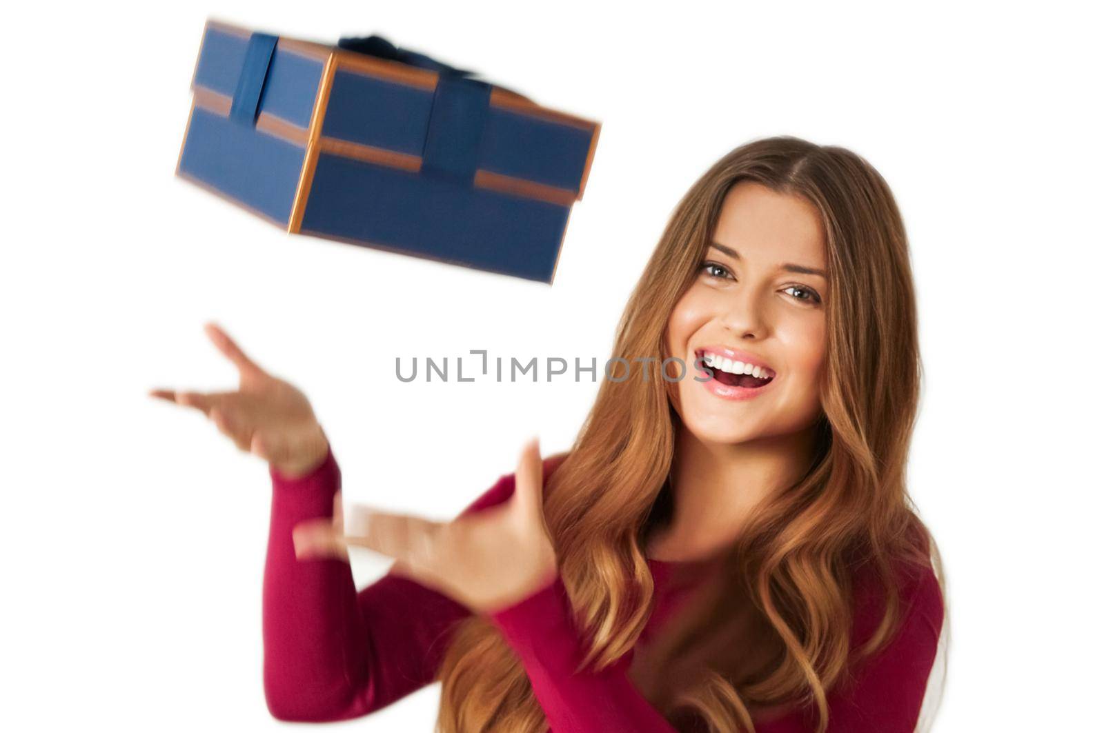 Birthday, anniversary, wedding, Valentines day or Christmas, luxury holiday present or beauty box subscription delivery, happy woman with a gift falling in her hands isolated on white background, portrait