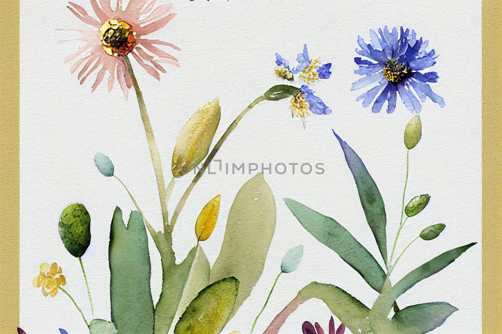 Watercolor horizontal banner with wild field flowers and plants in pastel colors. Wild autumn flowers border. Modern minimalist poster, greeting card, header for website. High quality illustration