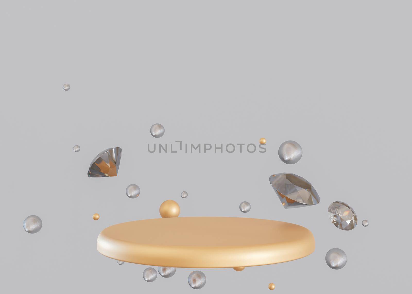 Golden podium with flying diamonds and spheres on gray background. Mock up for product, cosmetic presentation. Pedestal or platform for beauty products. Empty scene. Copy space. 3D rendering. by creativebird