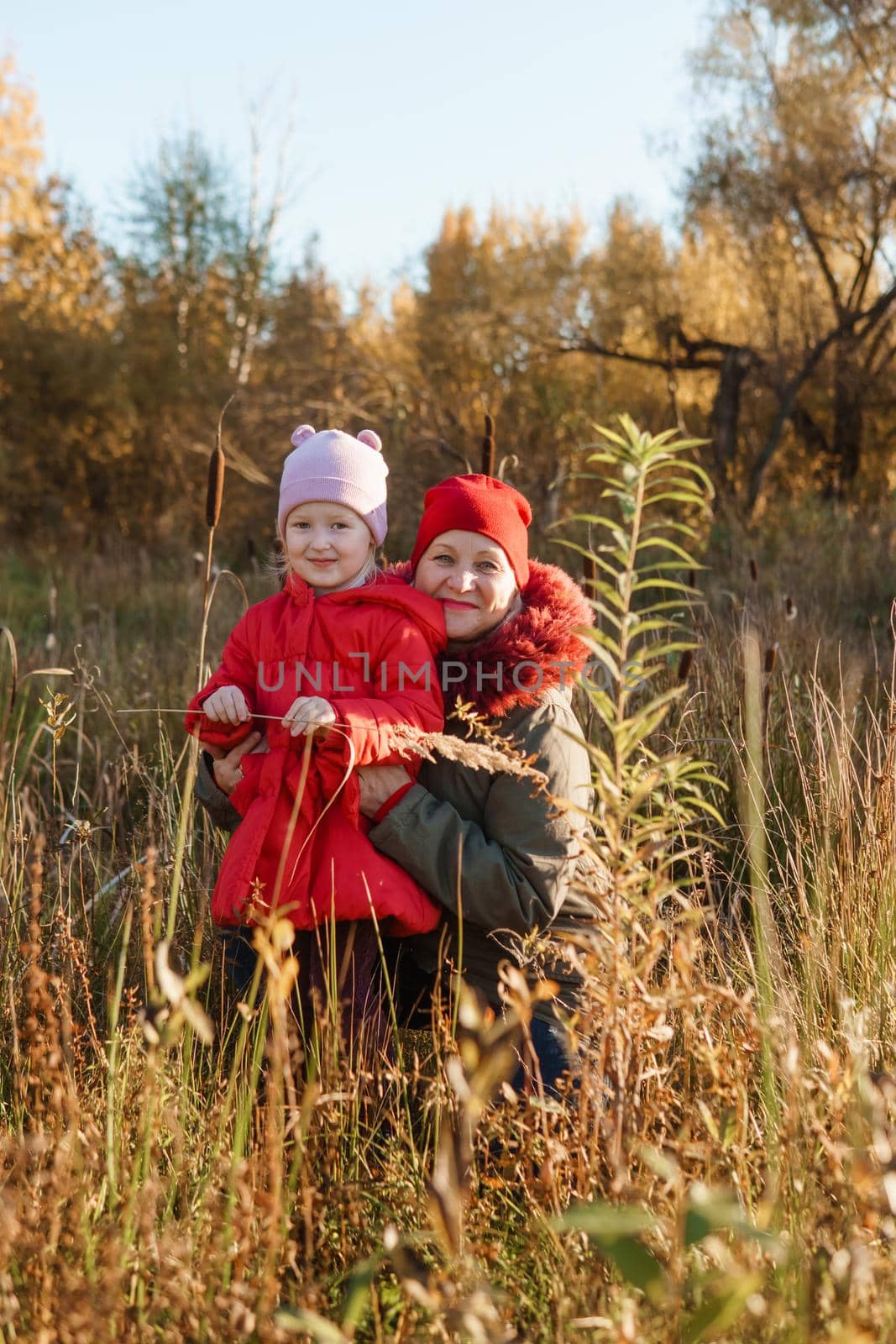A little girl in a red coat walks in nature in an autumn grove with her grandmother. The time of the year is autumn