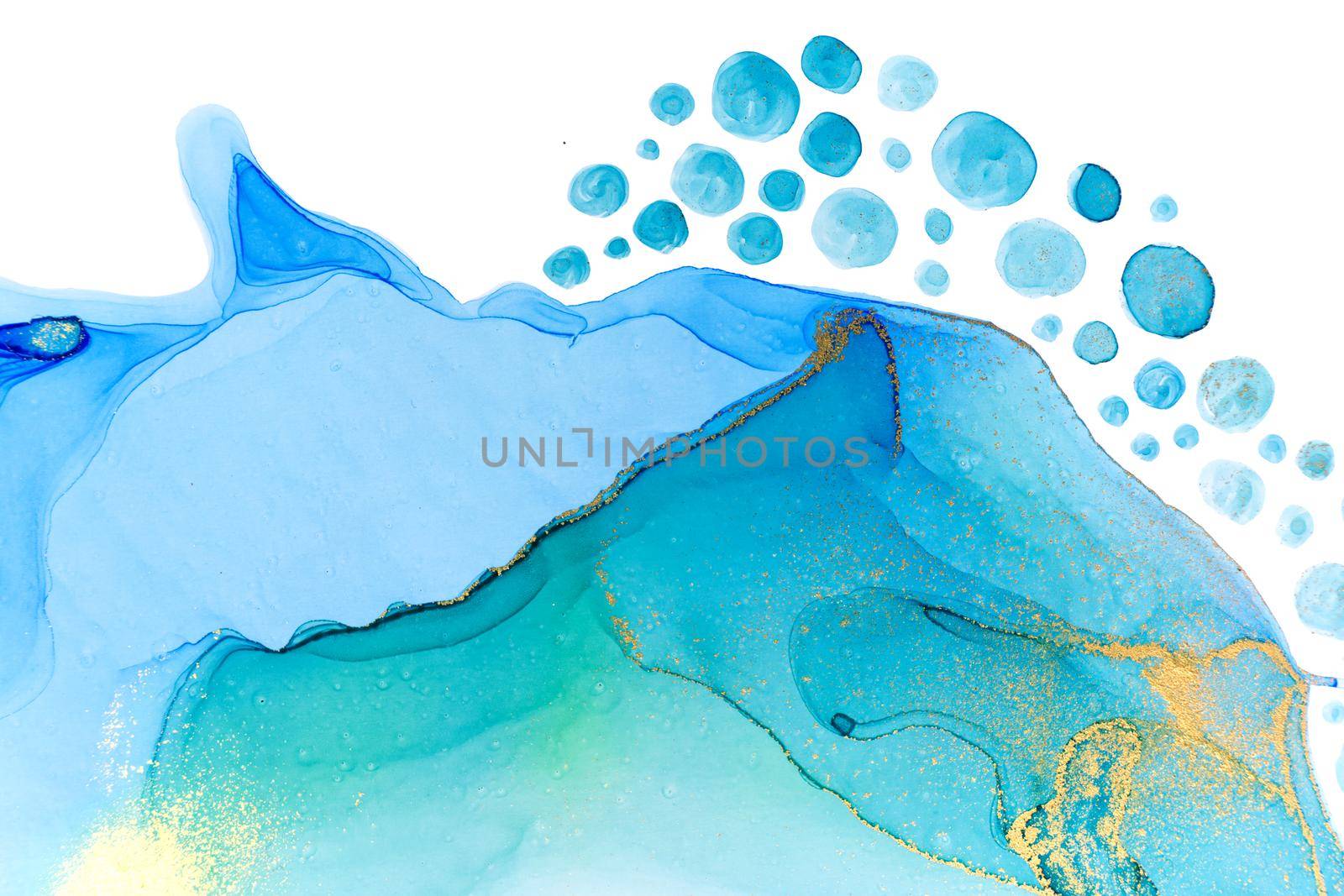 Abstract ocean foam print. Watercolor blue texture with gold glitter