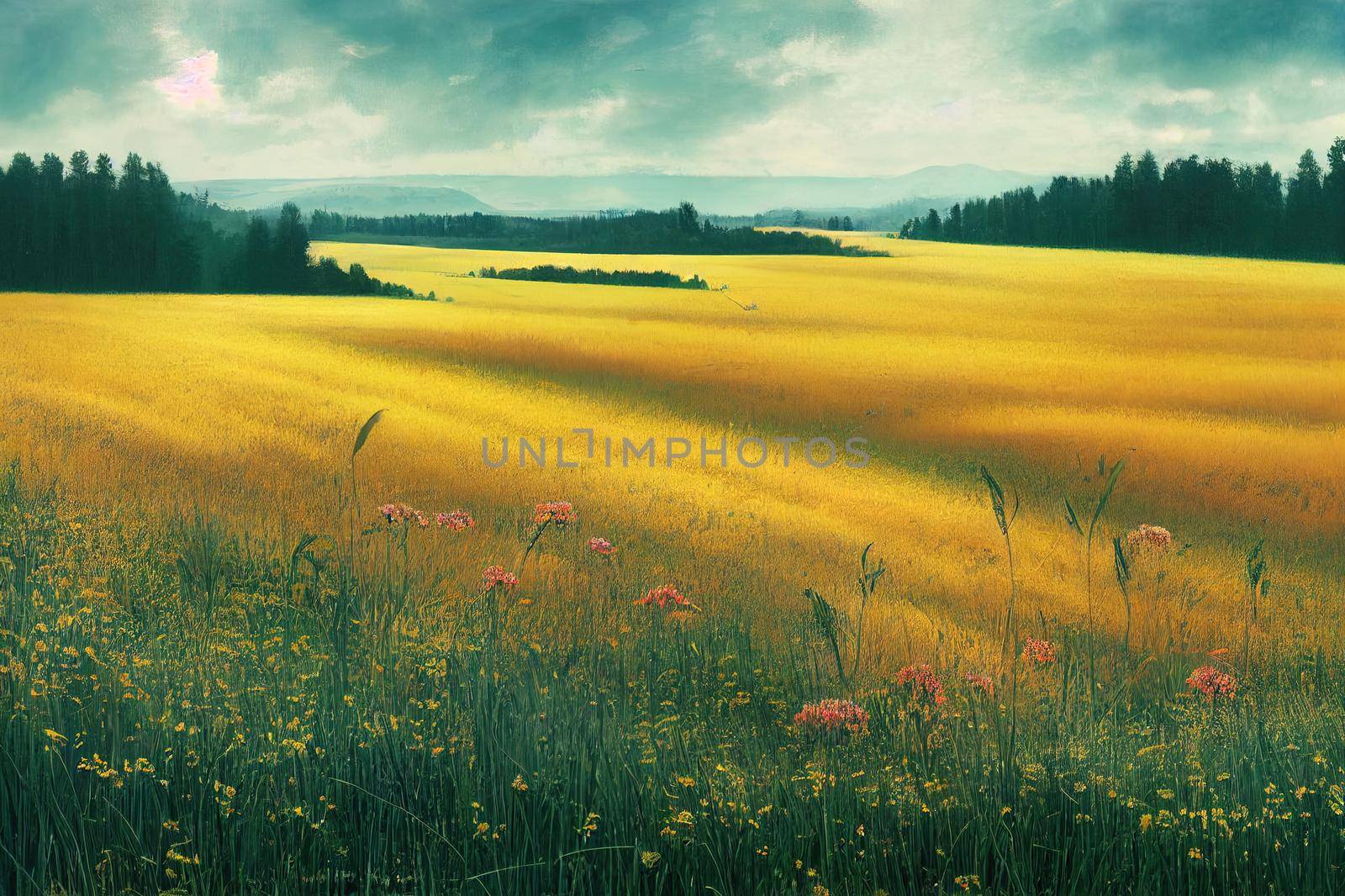 A meadow with tall grass and wild flowers in the woods. Sweden. High quality illustration