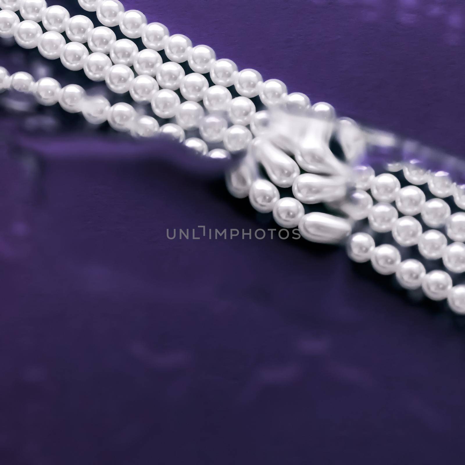 Coastal jewellery fashion, pearl necklace under purple water background, glamour style present and chic gift for luxury jewelery brand, holiday banner design by Anneleven