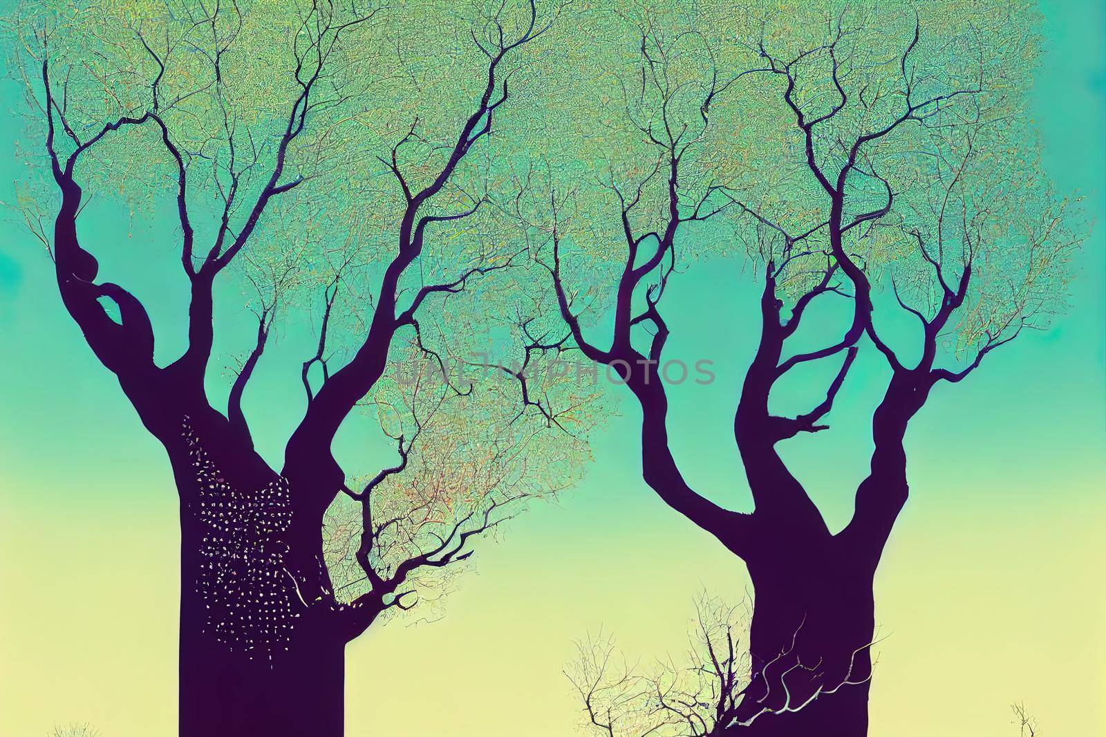 tree crown of a birch tree, fresh green leaves. blue sky with clouds, at springtime. High quality illustration
