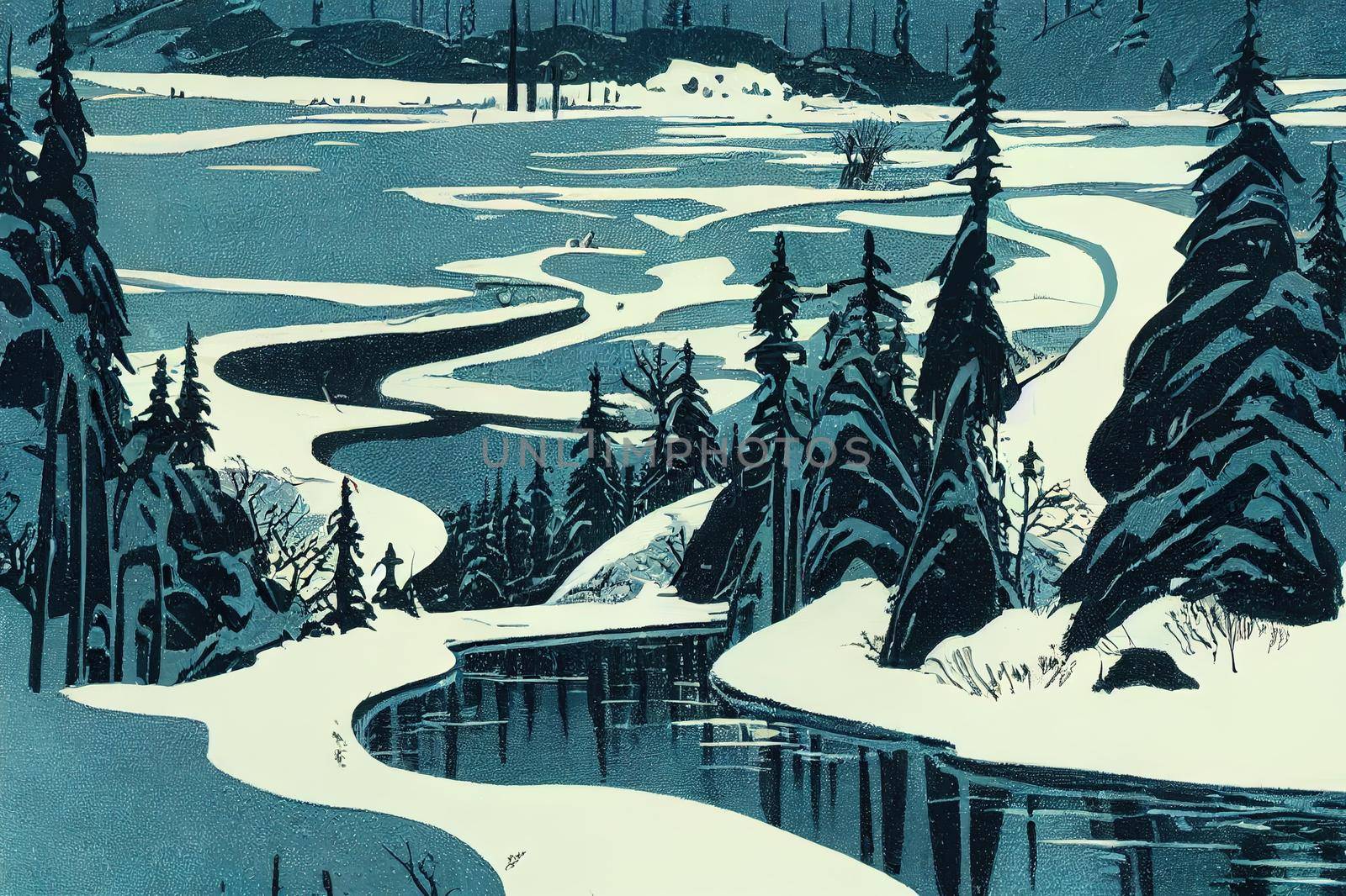 Winter river in snow forest landscape. Frozen river water in winter. High quality illustration