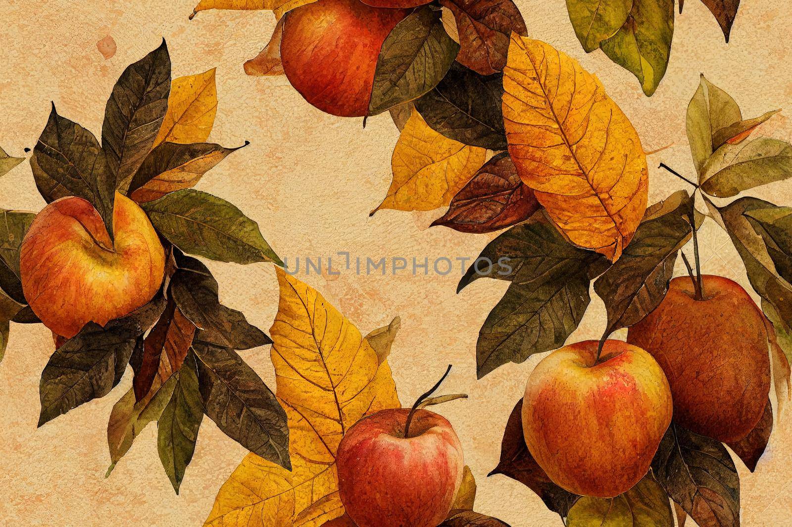 Autumn watercolor seamless pattern with ripe fruits, flowers and yellow leaves. Ripe apples, sunflowers, corn, acorns, autumn leaves on a brown background seamless pattern. Texture for wallpaper, wrap. High quality illustration