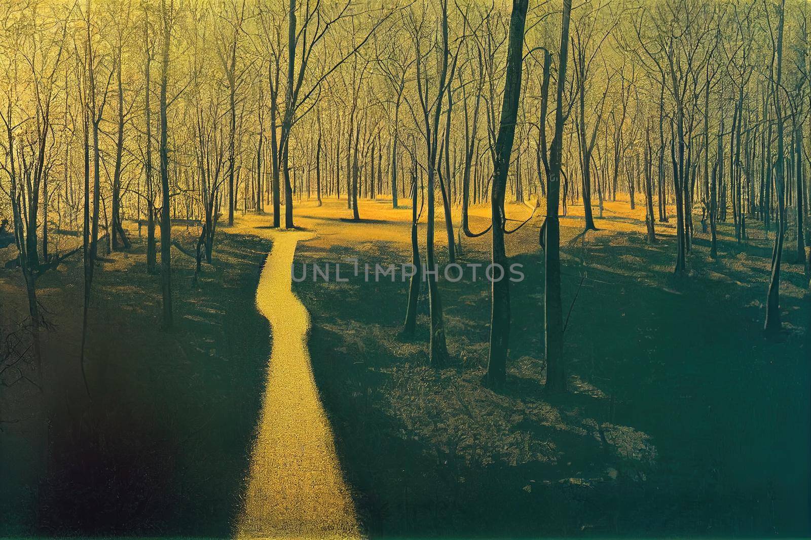 Drone shoot of a road path in the woods at golden hour in cinematic mode. Green grass and empty trees in the woods on a sunny day at sunset in spring. Copy space ecology background.. High quality illustration