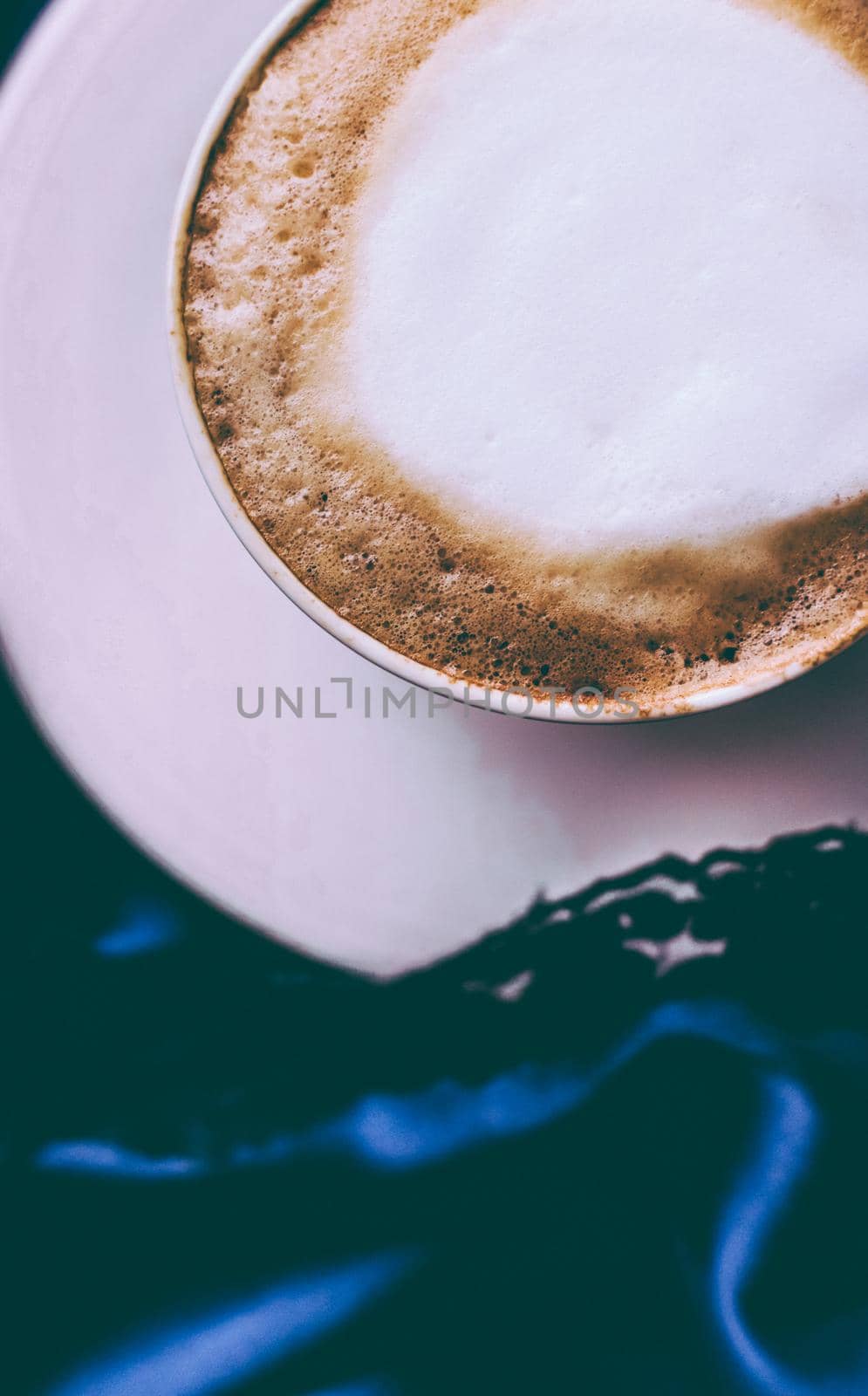 Menu, branding and recipe concept - Cup of cappuccino for breakfast with satin and pearls jewellery background, organic coffee with lactose free milk in parisian cafe for luxury vintage holiday brand