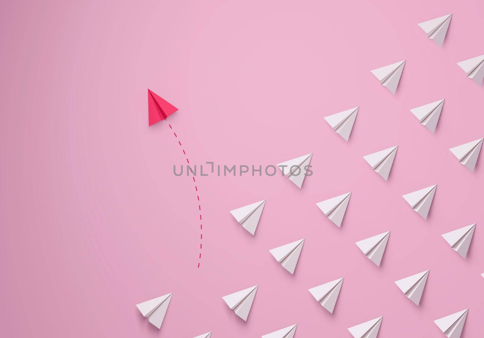 Individual and unique leader pink paper airplane changing direction. Individuality Women's leadership concept. 3d rendering.