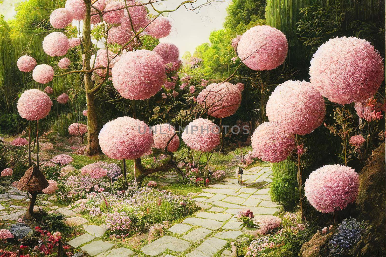 Roaming of a secret garden in spring. High quality illustration