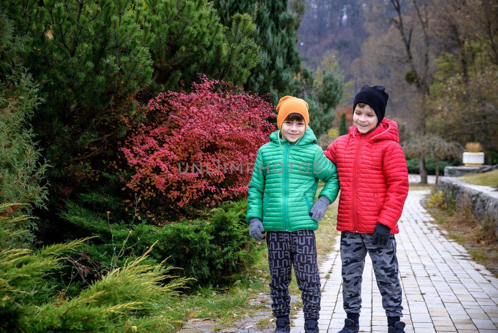 Close up portrait two happy positive kids boys, funny siblings fun together. Brothers playing outdoors in autumn day, best friends concept.