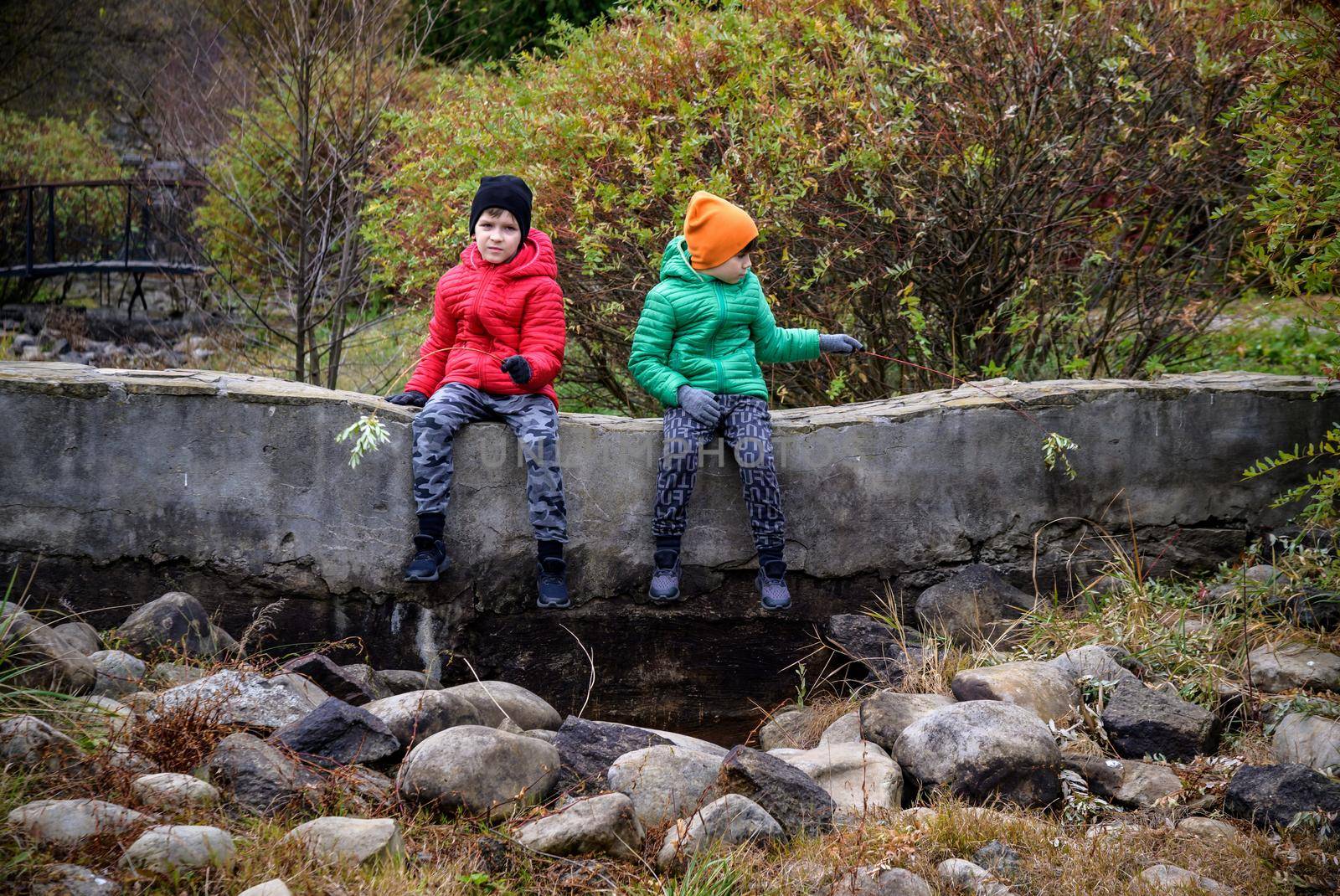 Close up portrait two happy positive kids boys, funny siblings fun together. Brothers playing outdoors in autumn day, best friends concept.