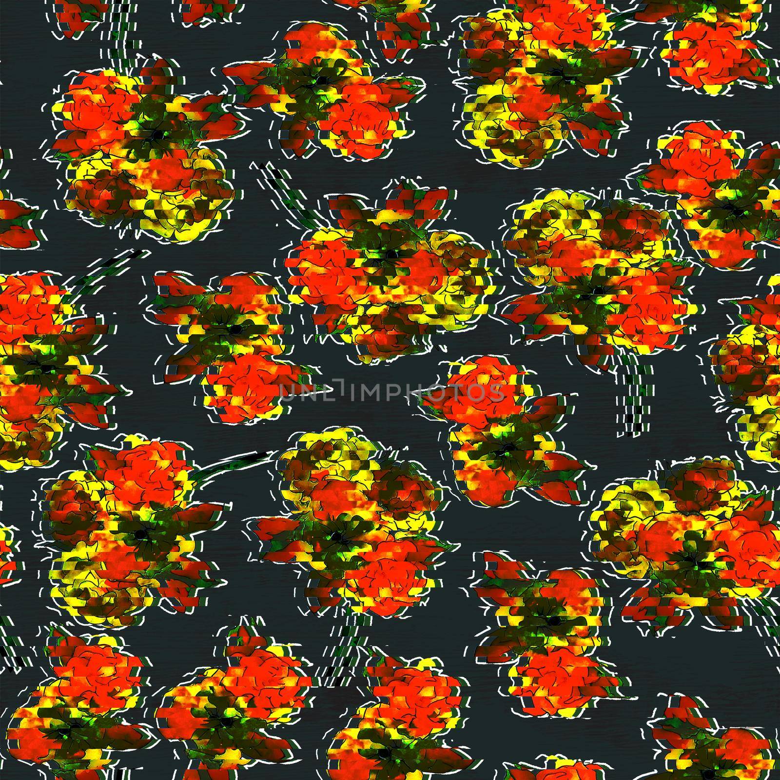 Yellow and red flowers watercolor pattern in abstract style on dark background for textile design. by fireFLYart