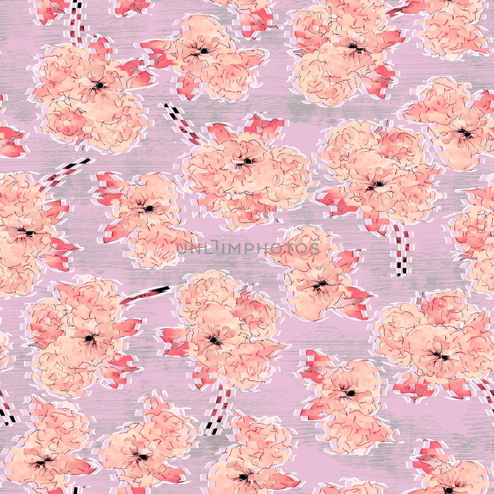 Abstract art background. Beautiful watercolor pattern with pink flowers watercolor pattern on violetbackground for textile design. Modern background.