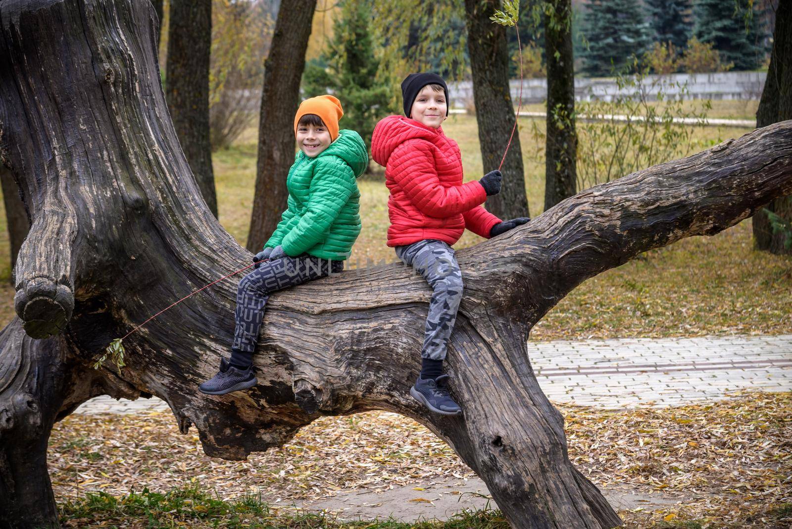 Two boys are sitting on a log. The child walks in the summer par by Kobysh