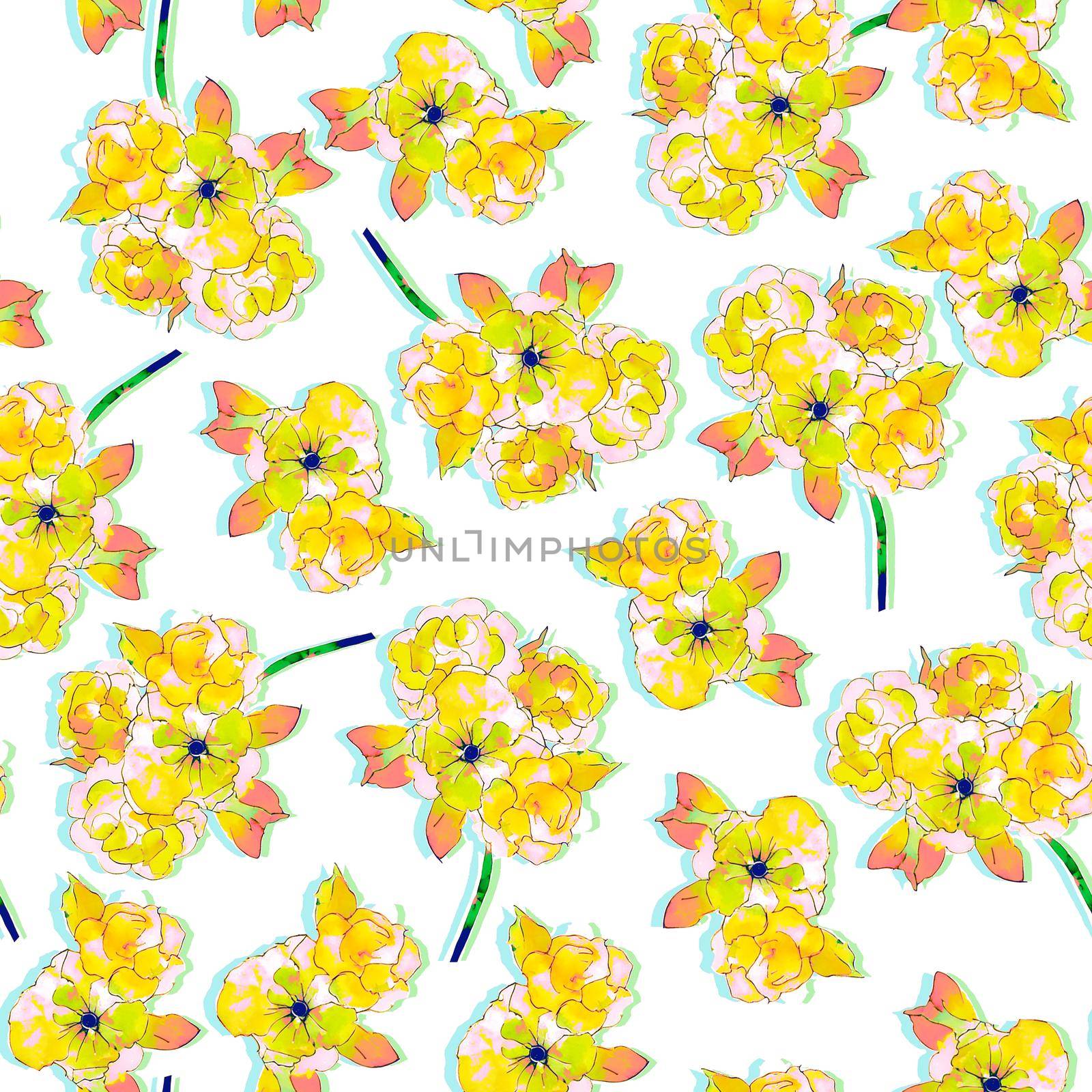 Yellow flowers watercolor pattern in abstract style on white background for textile design. by fireFLYart