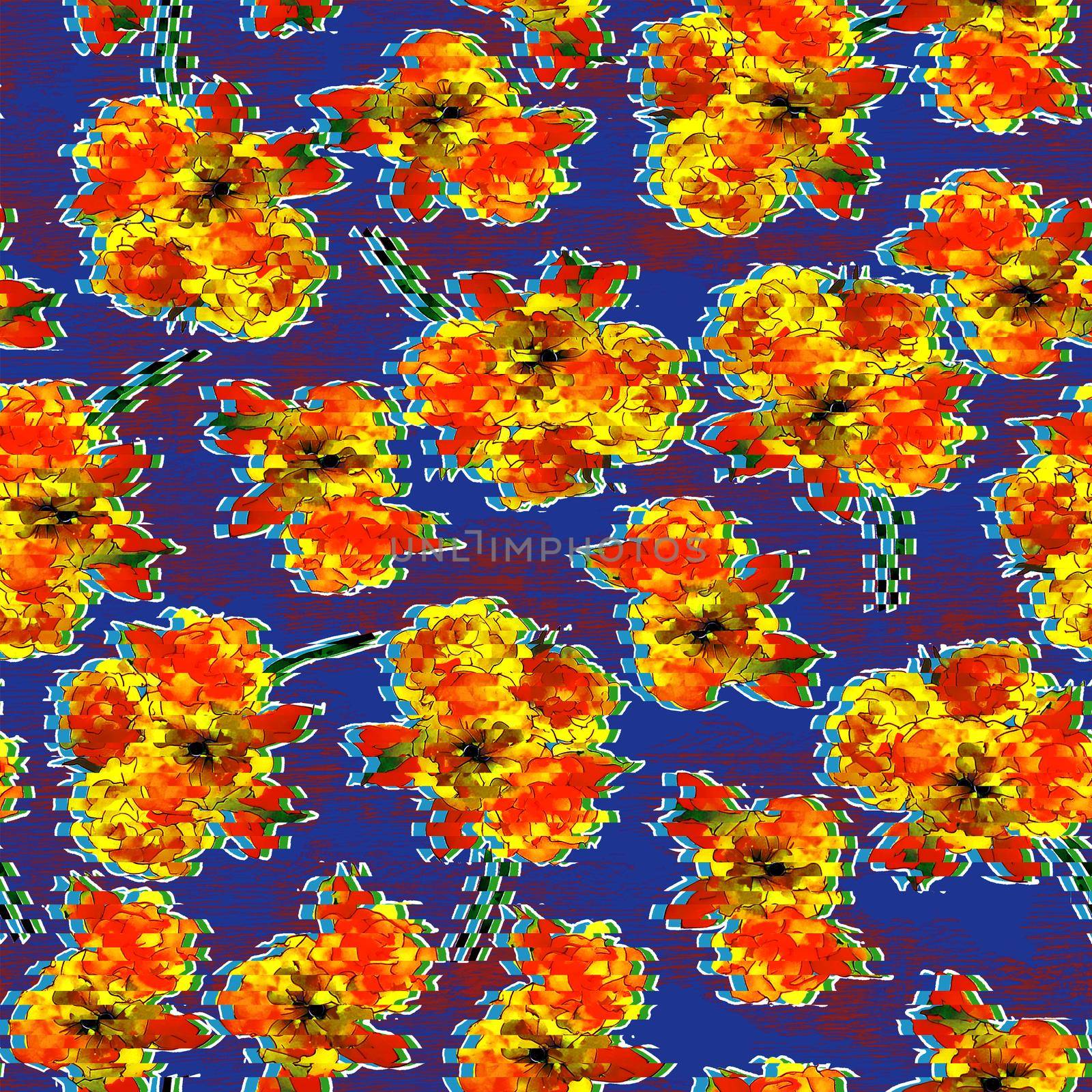 Yellow and red flowers watercolor pattern in abstract style on blue background for textile design. by fireFLYart