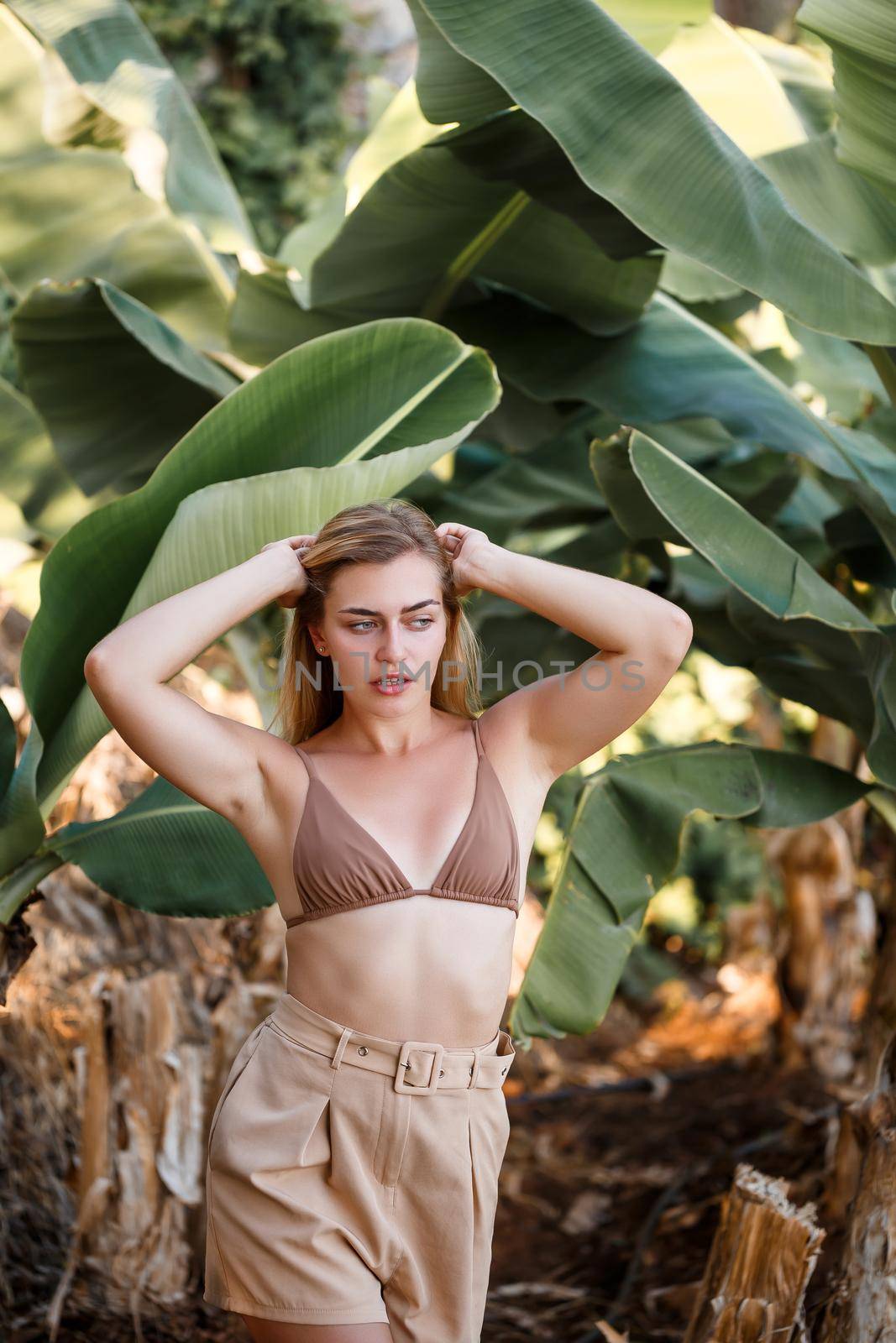 A beautiful girl stands in a beautiful pose near a palm tree, portrait shooting on a banana plantation