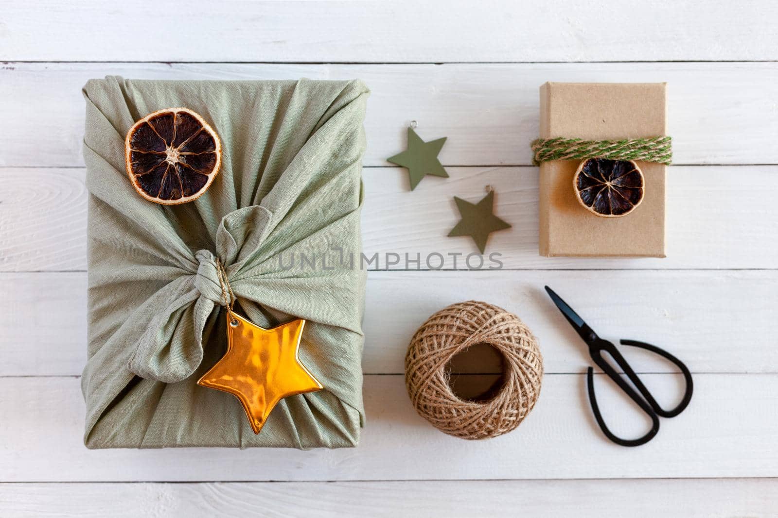 set of Christmas gifts, top view, ecological concept, zero waste