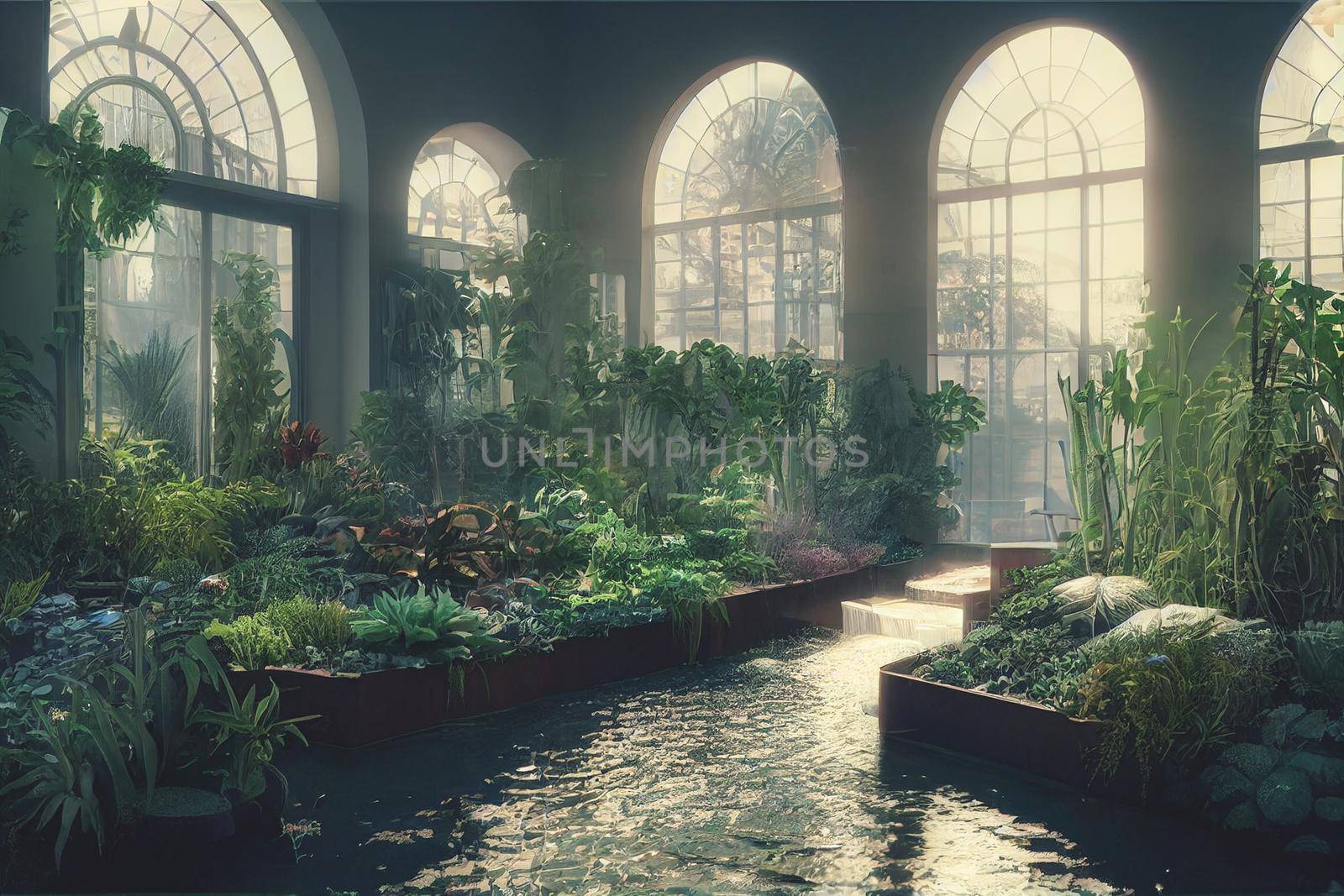 Beautiful indoor garden filled with plants and waterways background. 3d render photorealistic