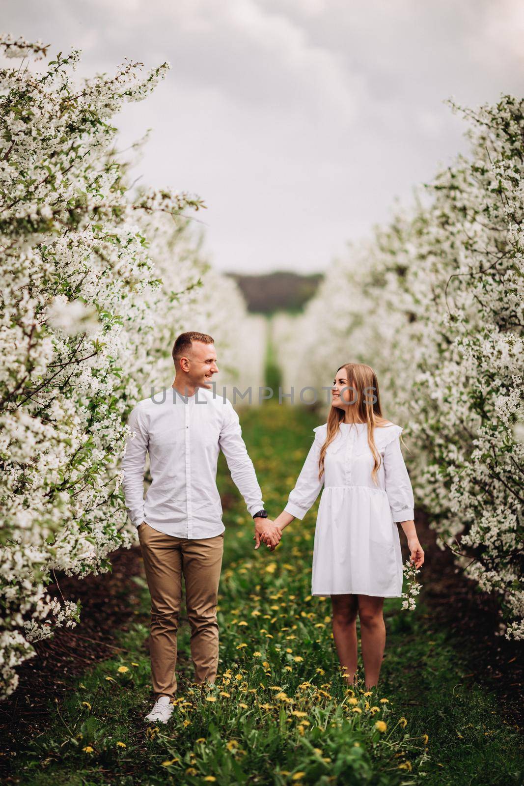 Beautiful young couple in a romantic place, spring blooming apple orchard. Happy joyful couple enjoy each other while walking in the garden. Man holding woman's hand
