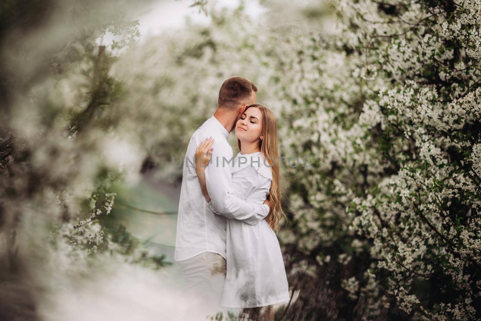 Happy family couple in love in a spring blooming apple orchard. Happy family enjoy each other while walking in the garden. The man holds the woman's hand. Family relationships by Dmitrytph