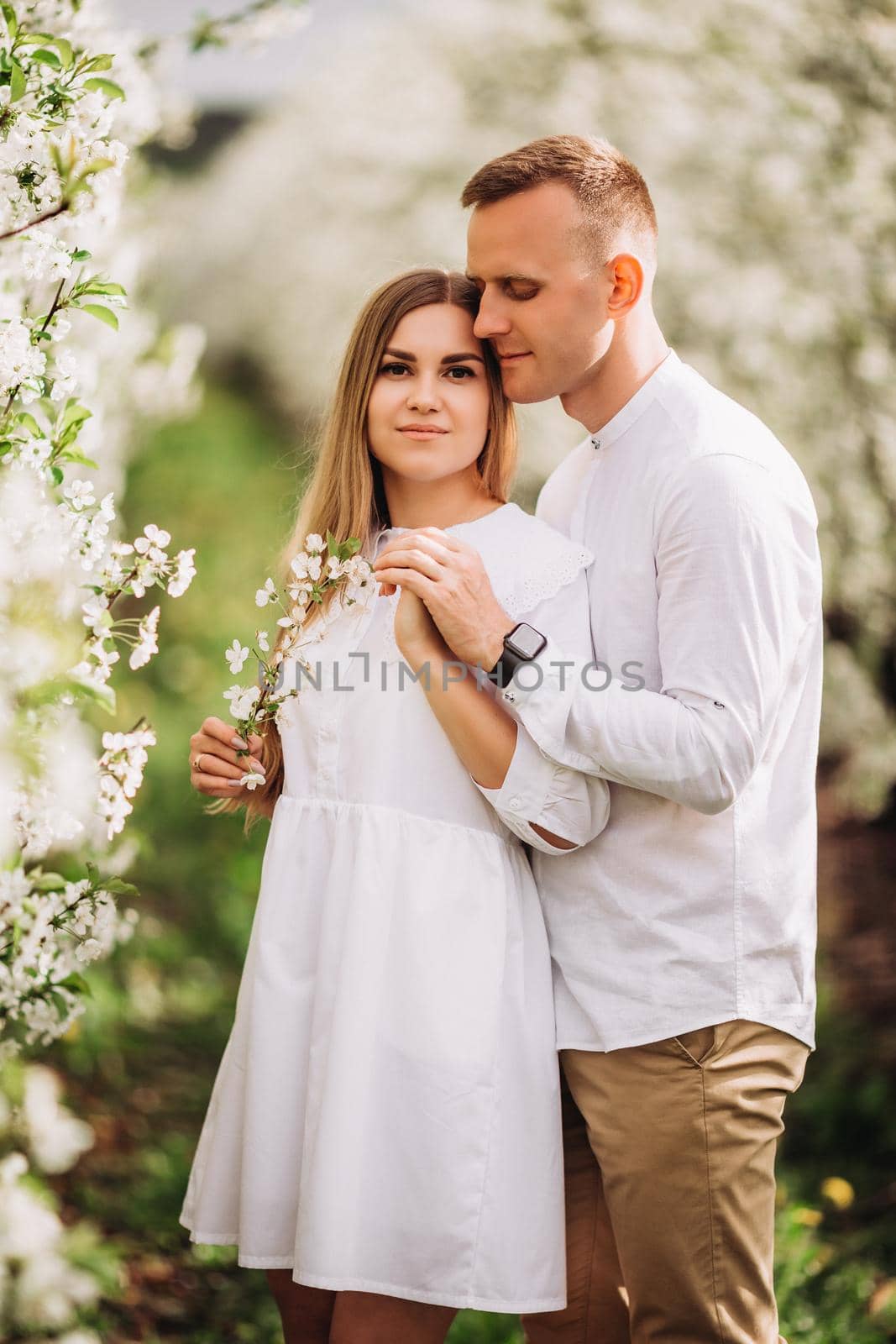 A happy young couple in love stands in a garden of blooming apple trees. A man in a white shirt and a girl in a white light dress are walking in a flowering park