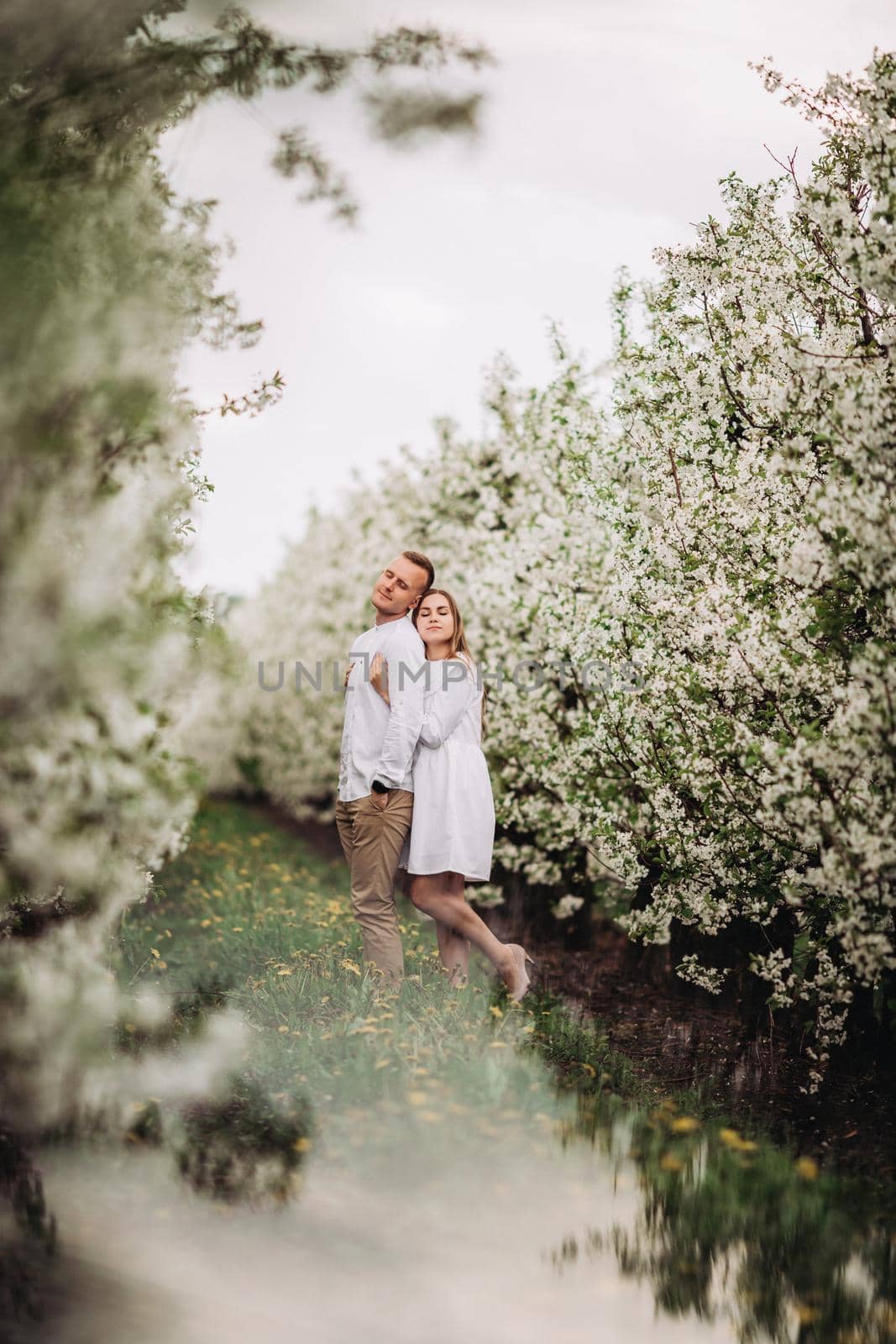 Happy family couple in spring blooming apple orchard. Young couple in love enjoy each other while walking in the garden. The man holds the woman's hand. Family relationships by Dmitrytph