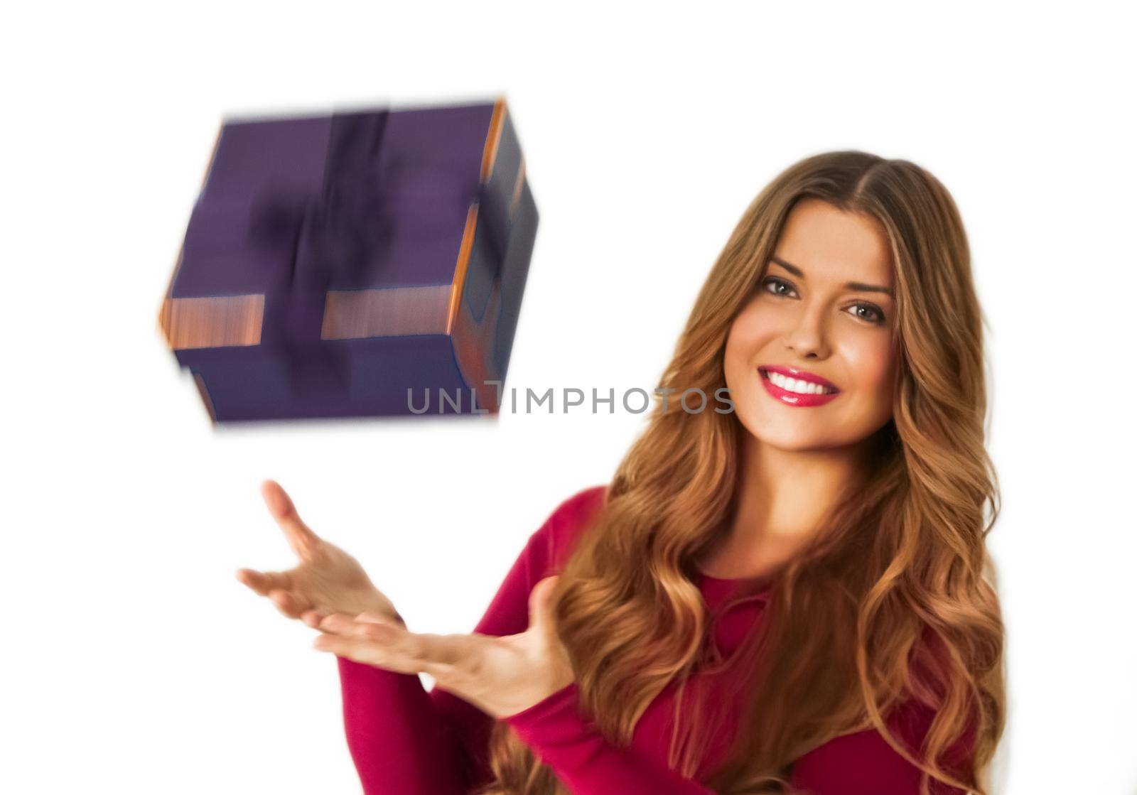 Birthday, Christmas or holiday present, happy woman holding a purple gift or luxury beauty box subscription delivery isolated on white background, portrait