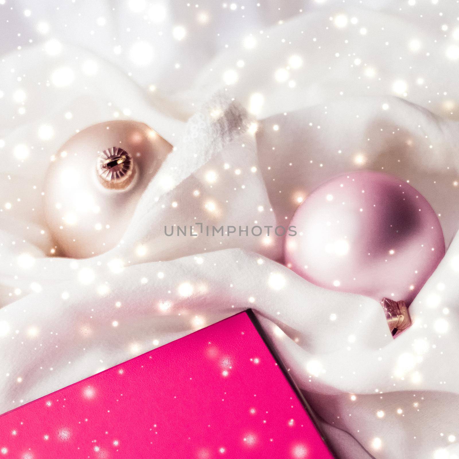 Christmas magic holiday background, festive baubles, pink vintage gift box and golden glitter as winter season present for luxury brand design by Anneleven