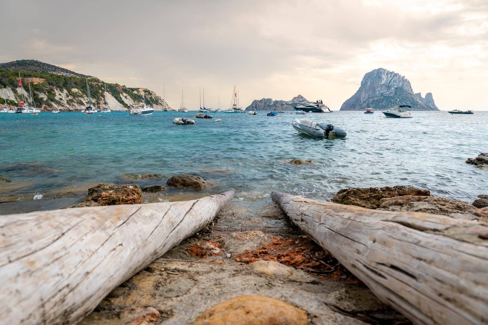 View of Es Vedra from a boat channel