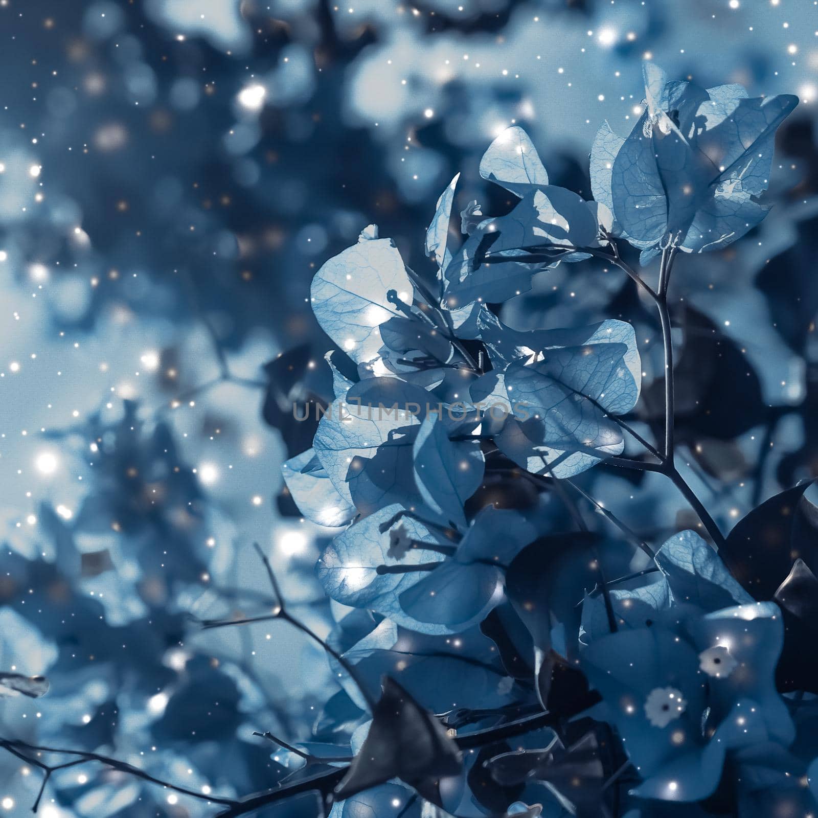 Magical, branding and festive concept - Christmas, New Years blue floral nature background, holiday card design, flower tree and snow glitter as winter season sale backdrop for luxury beauty brand