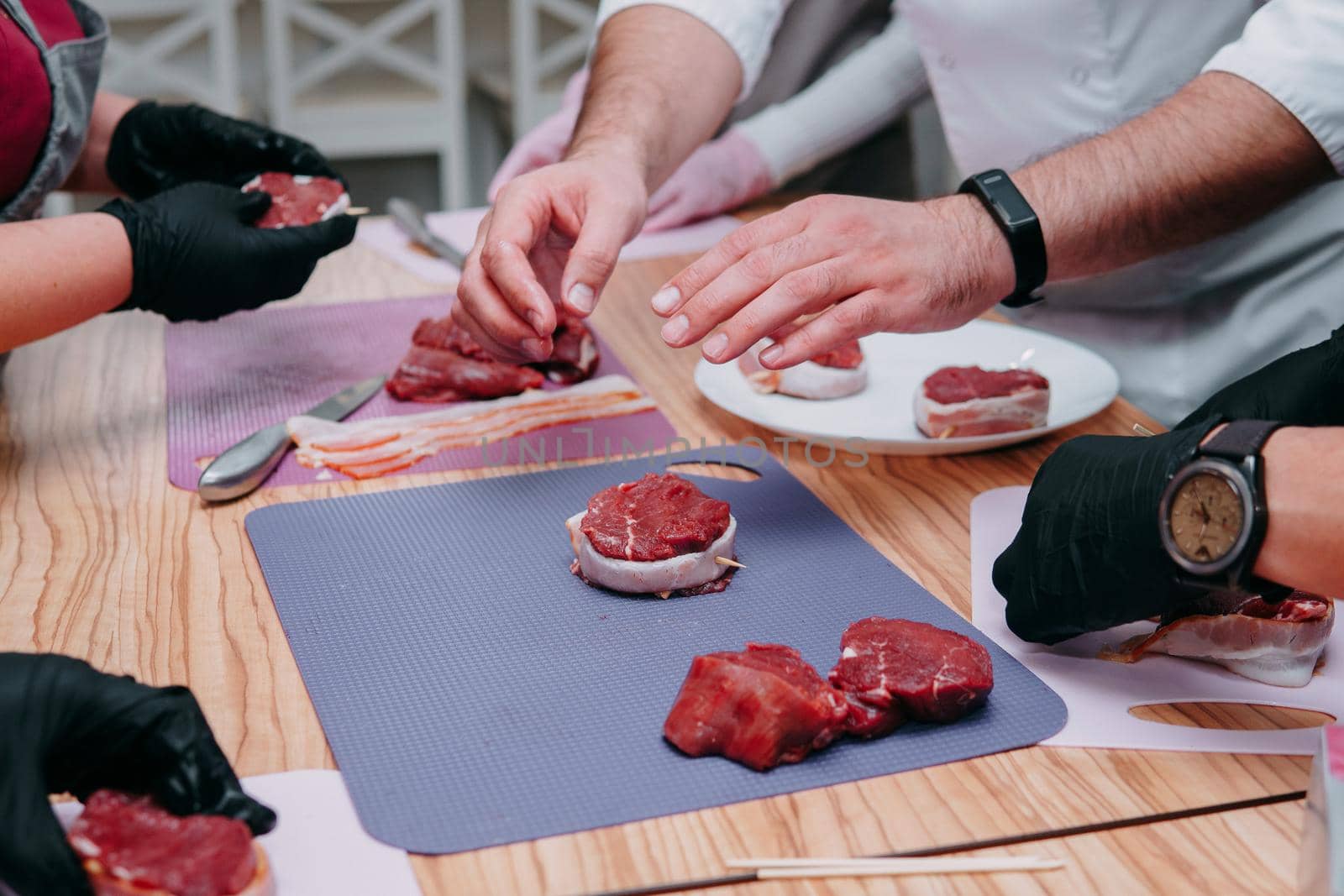 Cooking minion steak at a cooking class. Homemade food.