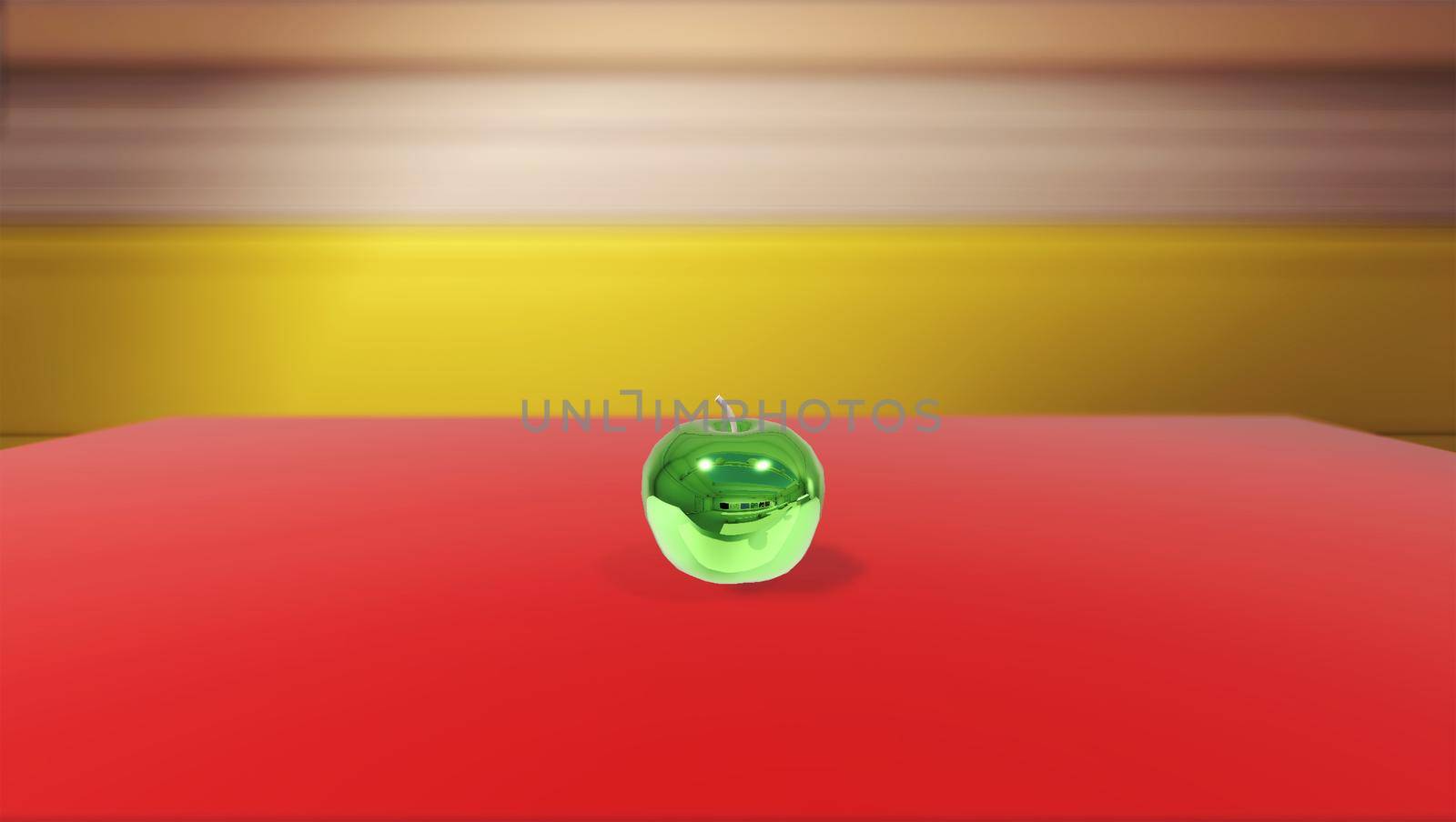 Metal Shine green apple on a red table, studio background by banate