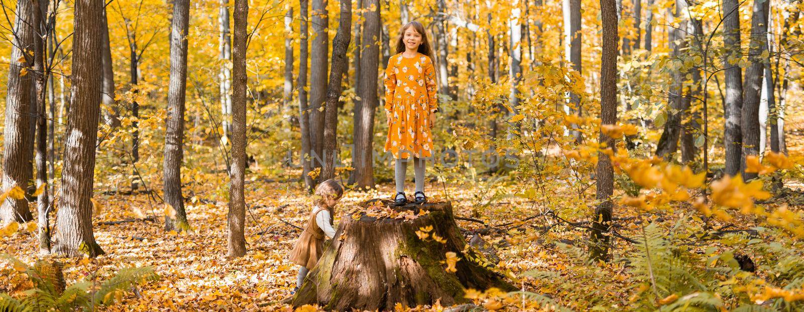 Banner little kid girls with autumn orange leaves in a park copy space. Lifestyle, fall season and children concept. by Satura86