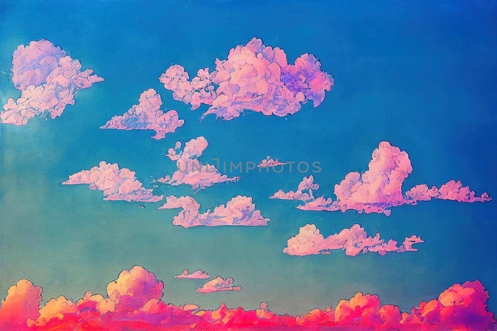Beautiful blue sky and white clouds of various shapes with sunlight. Nature background. High quality illustration