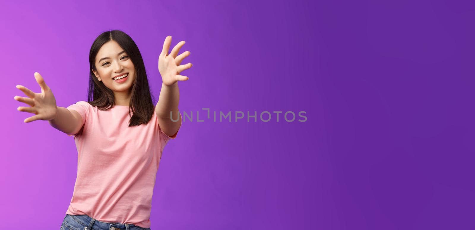 Friendly tender lovely asian woman meet sister train station, extend arms forward, waiting for warm cuddles, wanna hug and embrace friend, smiling joyfully, tilt head happily laughing by Benzoix