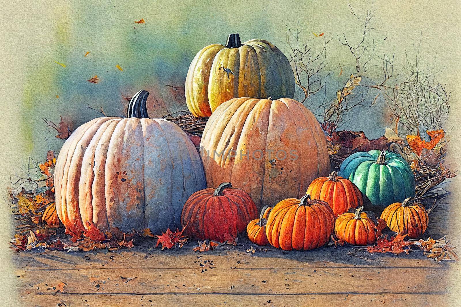 Watercolor autumn pumpkins harvest, rustic composition, Wooden Farmhouse illustration by 2ragon