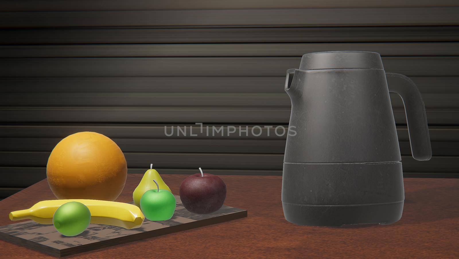 breakfast on table with fruits, and black kettle by banate