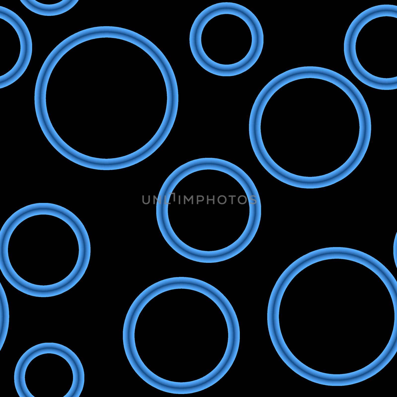 Geometric abstract seamless pattern of random arranged azure rings with dots texture on black background.Round shapes halftone point wallpaper.For stationery covers,trendy textiles,fashionable fabrics