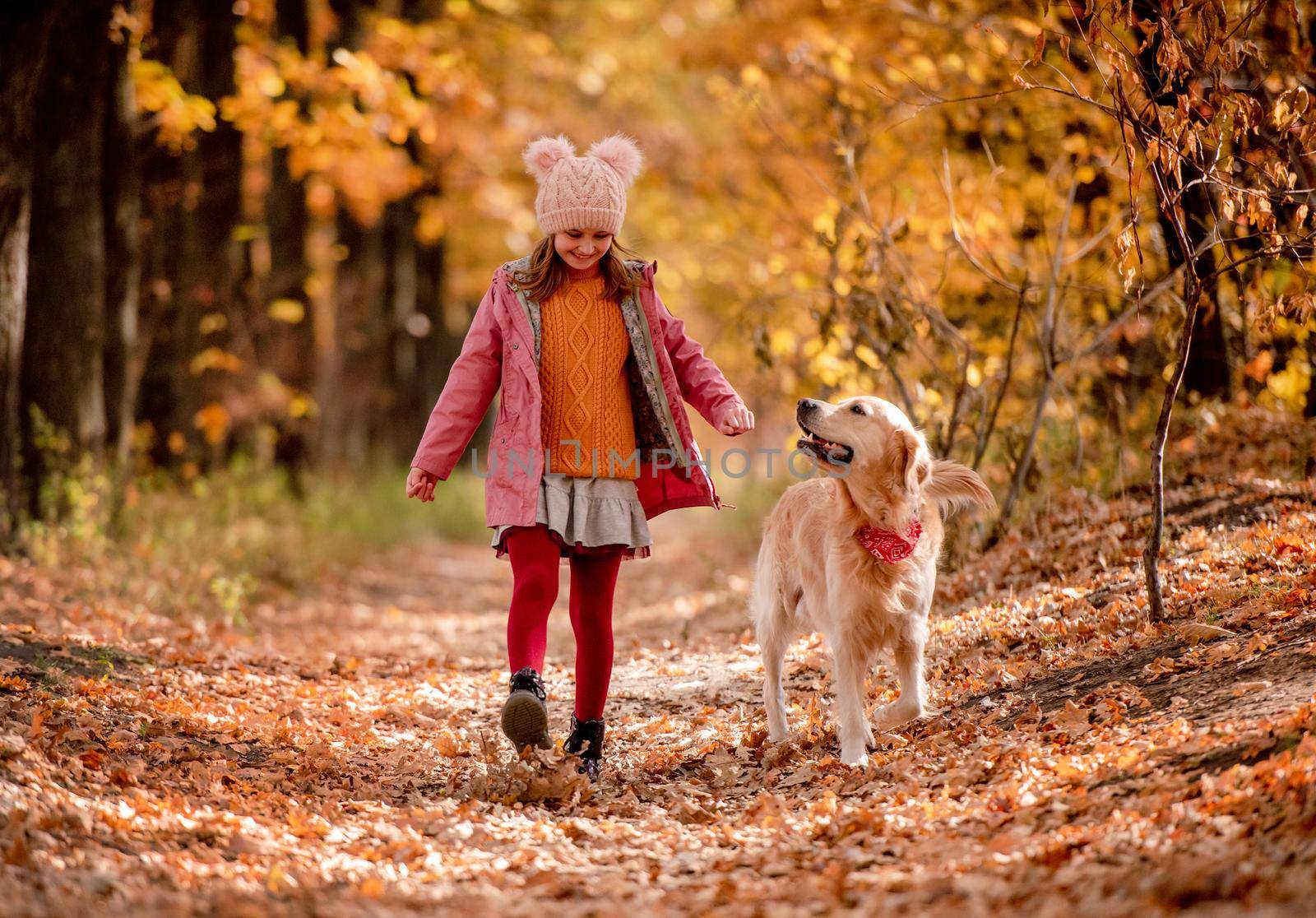 Preteen girl kid with golden retriever dog at autumn park with trees with yellow leaves. Beautiful portrait of child and pet outdoors at nature