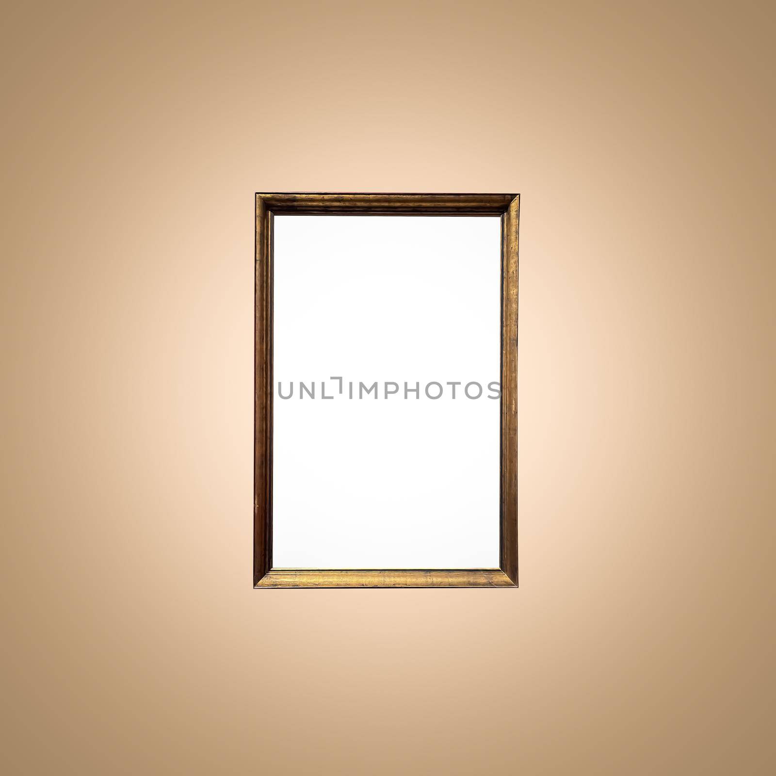Antique art fair gallery frame on beige wall at auction house or museum exhibition, blank template with empty white copyspace for mockup design, artwork by Anneleven