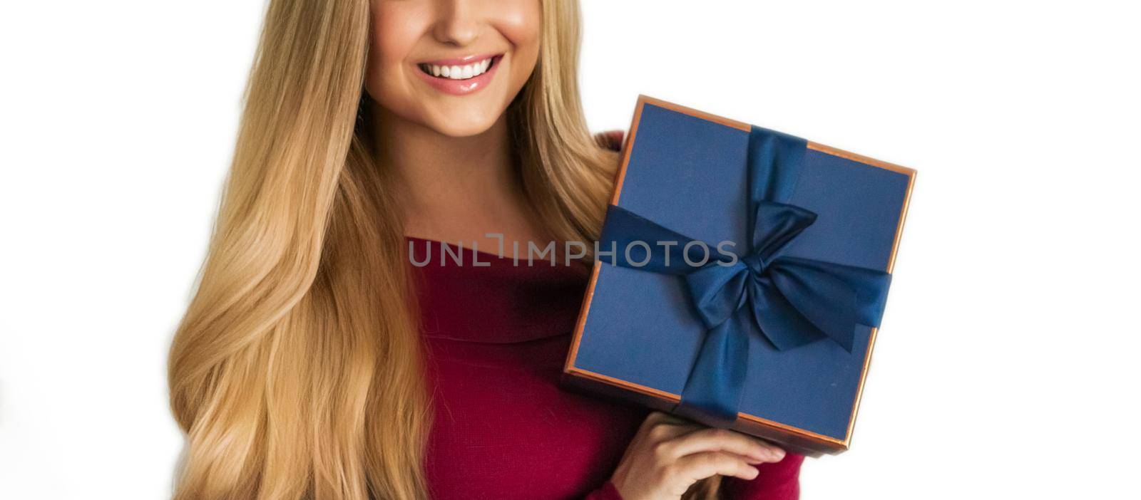 Birthday, Christmas or holiday present, happy woman holding a green gift or luxury beauty box subscription delivery isolated on white background, portrait