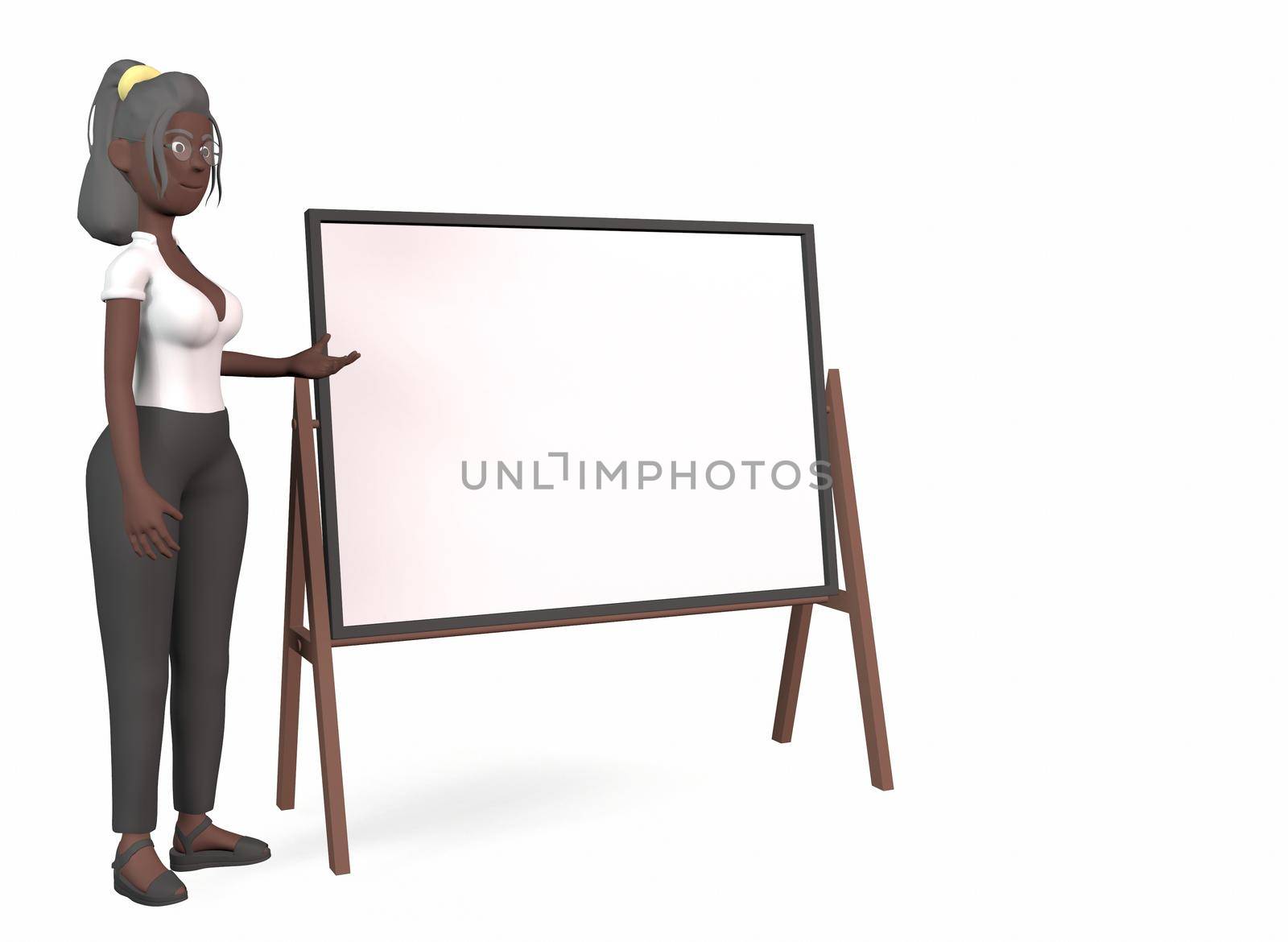 the black girl points to the writing board on a white background 3d-rendering.