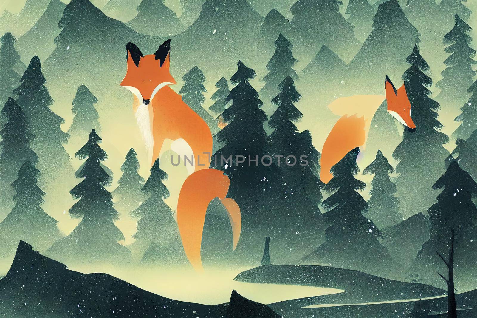 ondering fox, forest background, silhouettes of trees. Magical misty landscape. Illustration.. High quality illustration