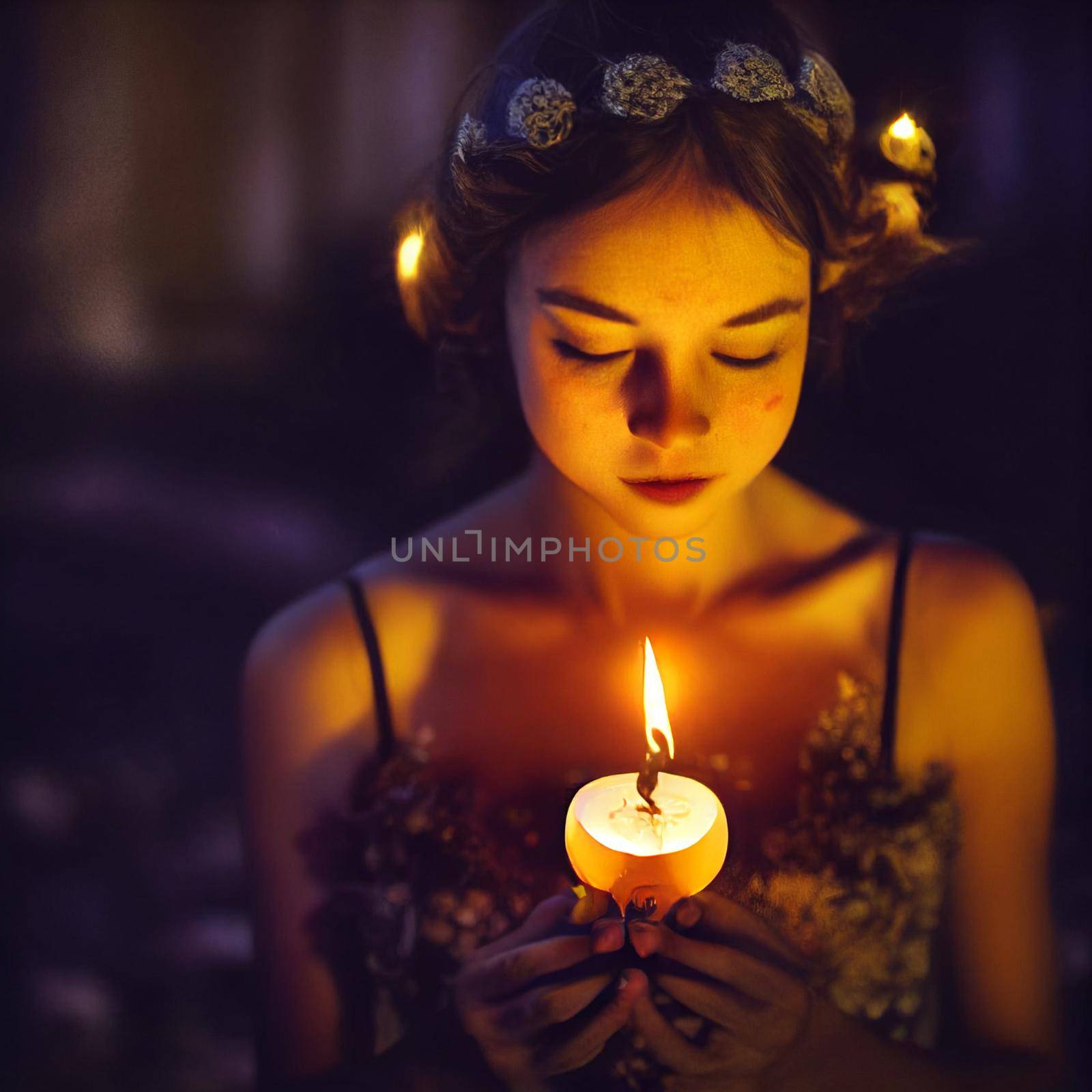 A girl who holds a candle on a gloomy background. High quality illustration