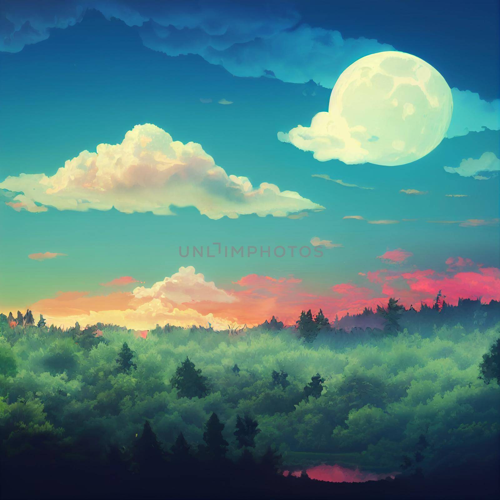 Cartoon illustration of sunrise over the forest by NeuroSky