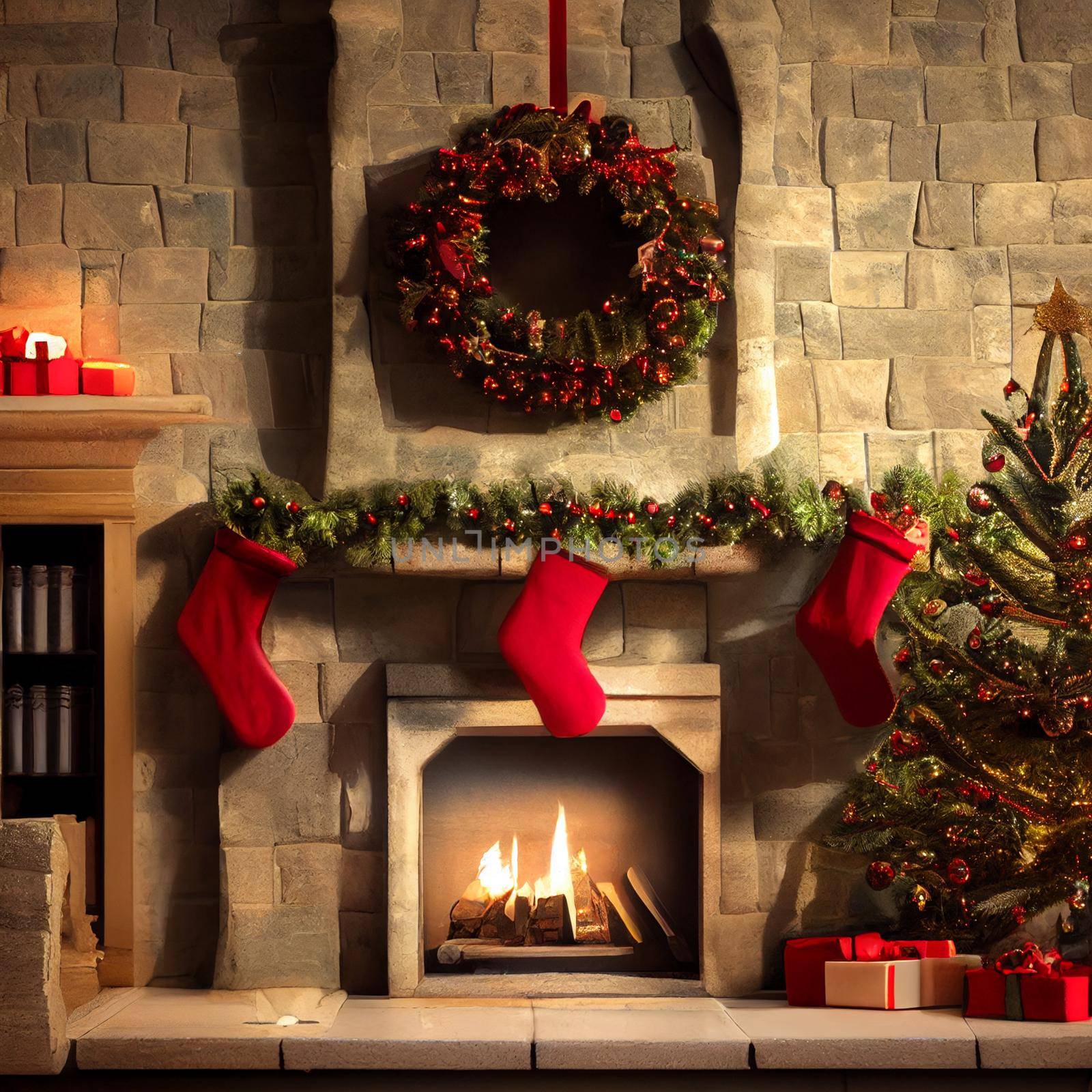 Stone fireplace decorated for Christmas. High quality illustration