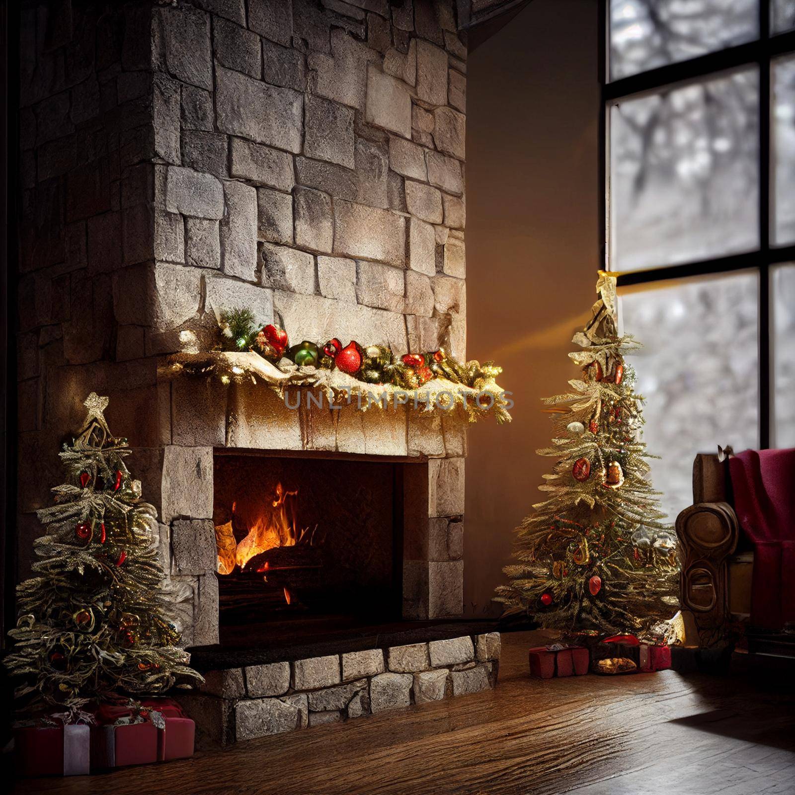 Stone fireplace decorated for Christmas by NeuroSky